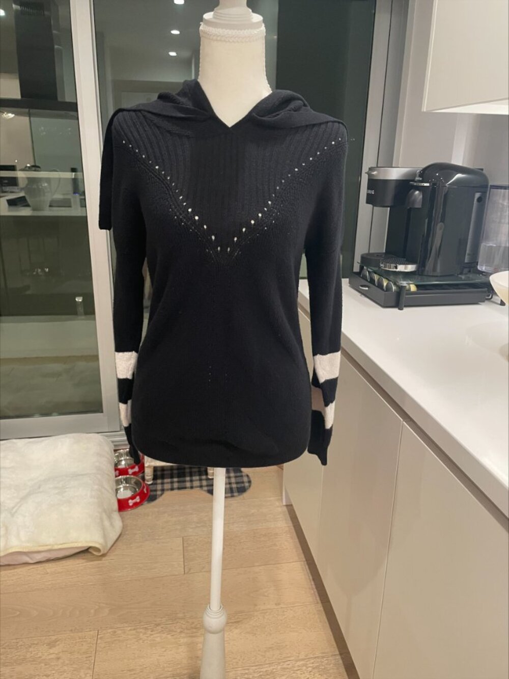 Minnie Rose Black Cotton Cashmere Hooded Sweater Striped Sleeve - S